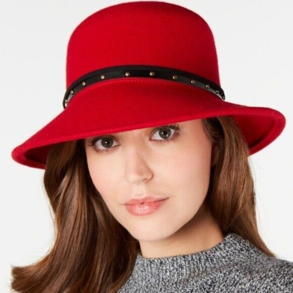 Nine West Women's Wool Felt Red Trench Bucket Hat Cap